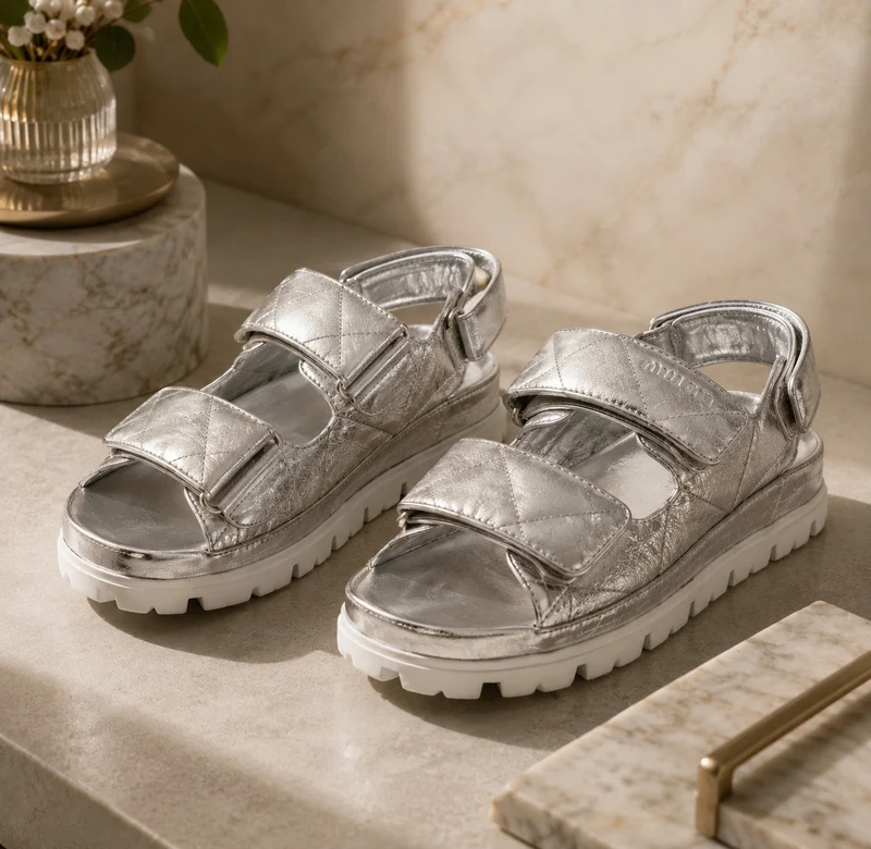 Women's Silver and Shiny Scratch Sandal