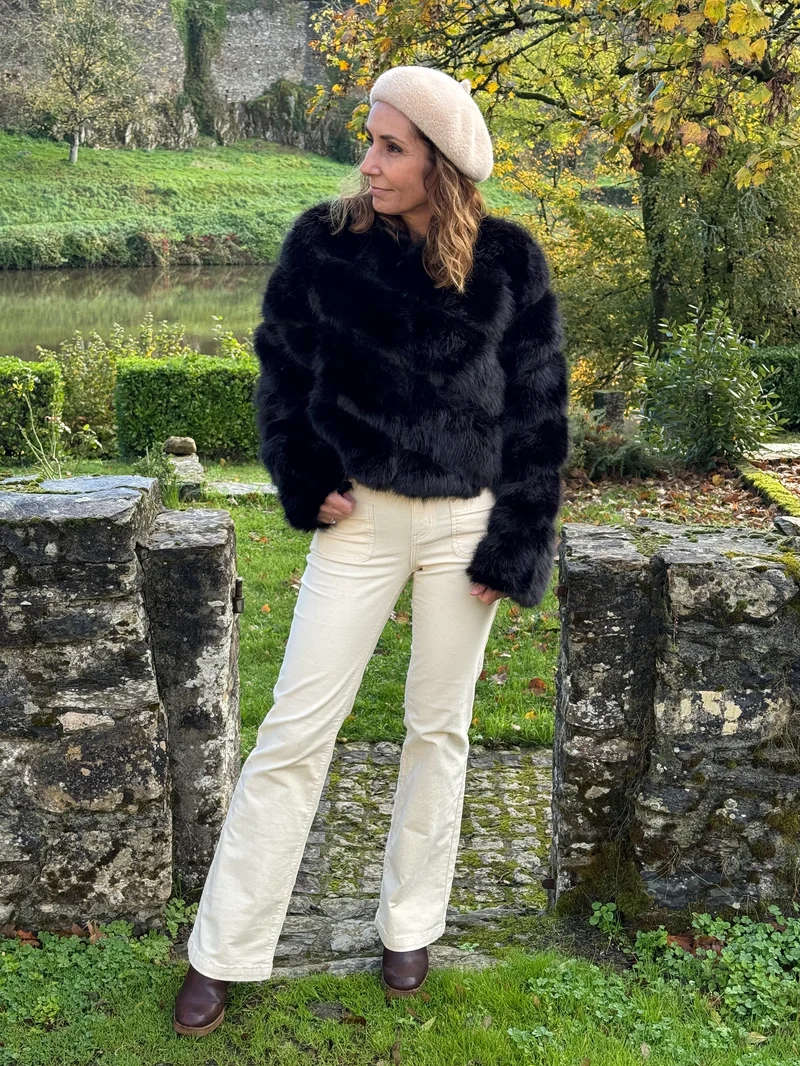 Manteau noir court fausse fourrure MARTA