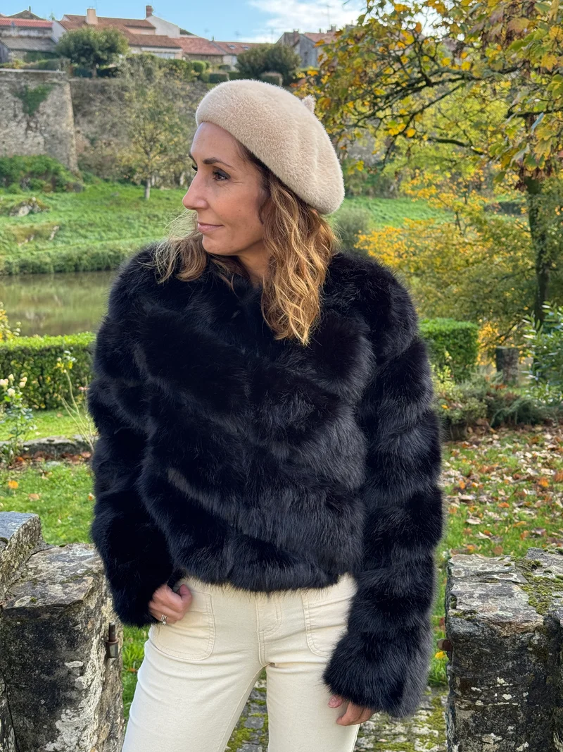 Manteau noir court fausse fourrure MARTA