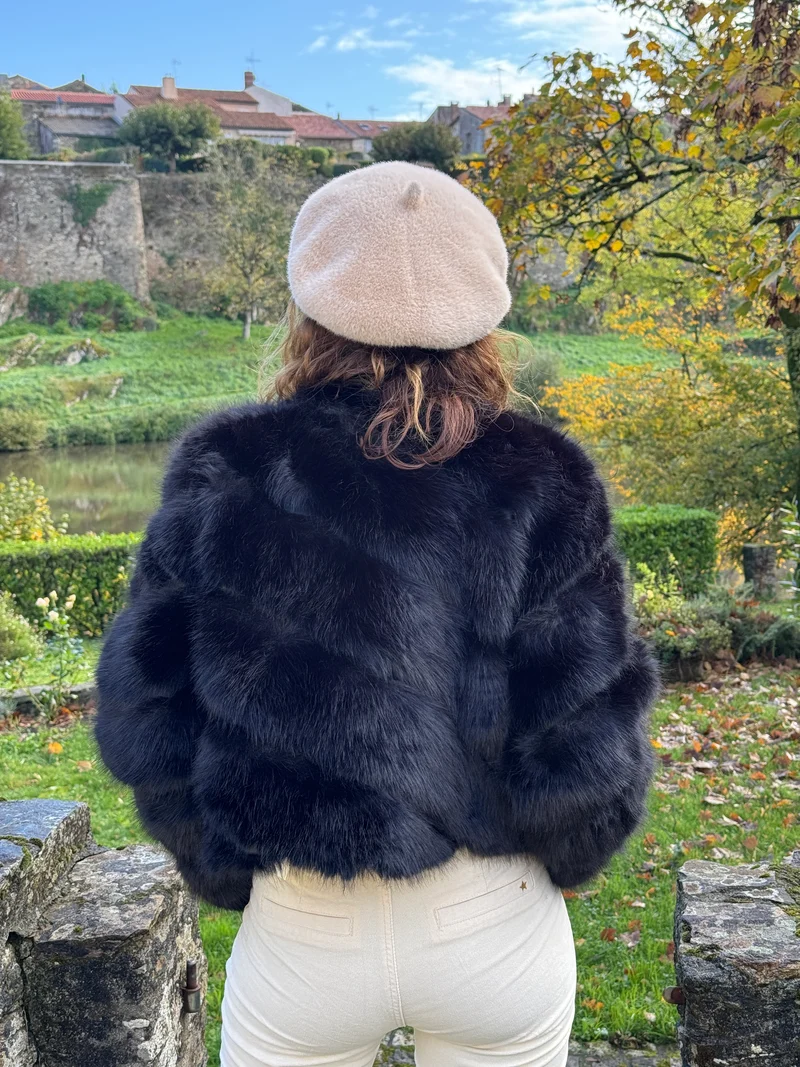 Manteau noir court fausse fourrure MARTA