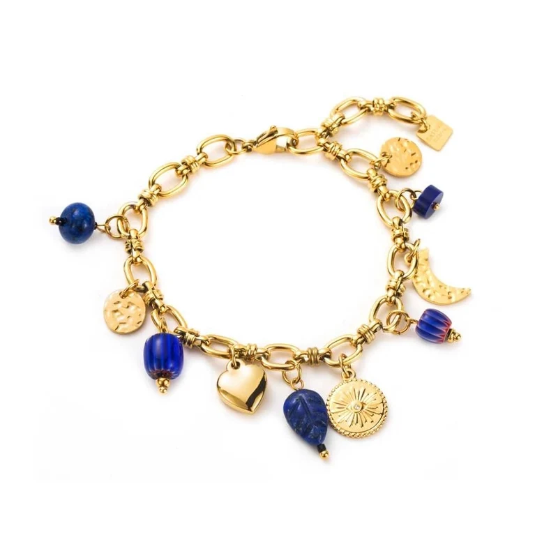 Bracelet doré à maillons avec breloques bleues et dorées