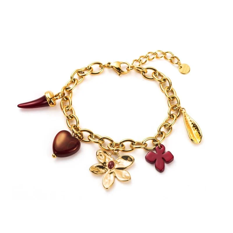 Bracelet doré à maillons avec breloques fleur, cœur et piment bordeaux