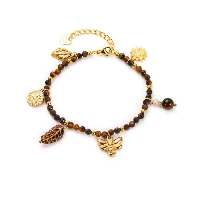 Bracelet perles marron et doré avec breloques feuille, soleil et papillon