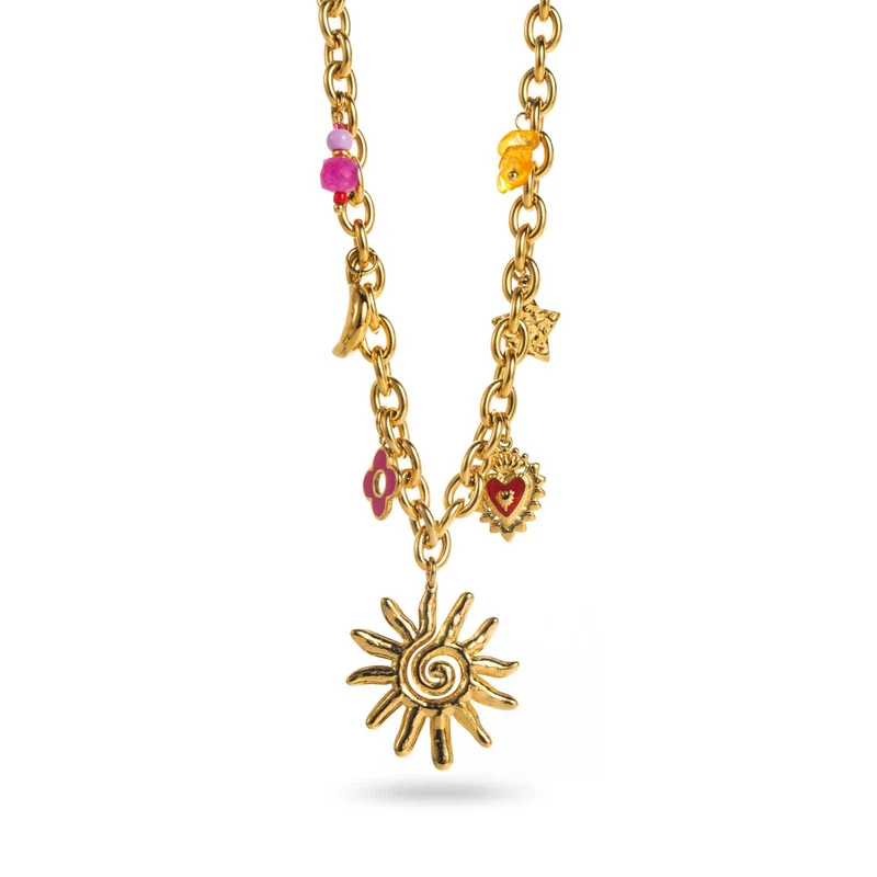 Collier Sunny doré à maillons avec breloques multicolores et soleil central