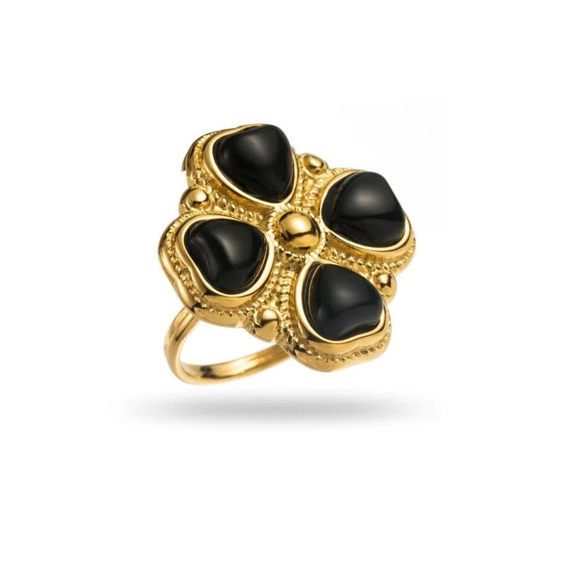Bague large trèfle dorée en acier inoxydable avec pierre naturelle onyx noir