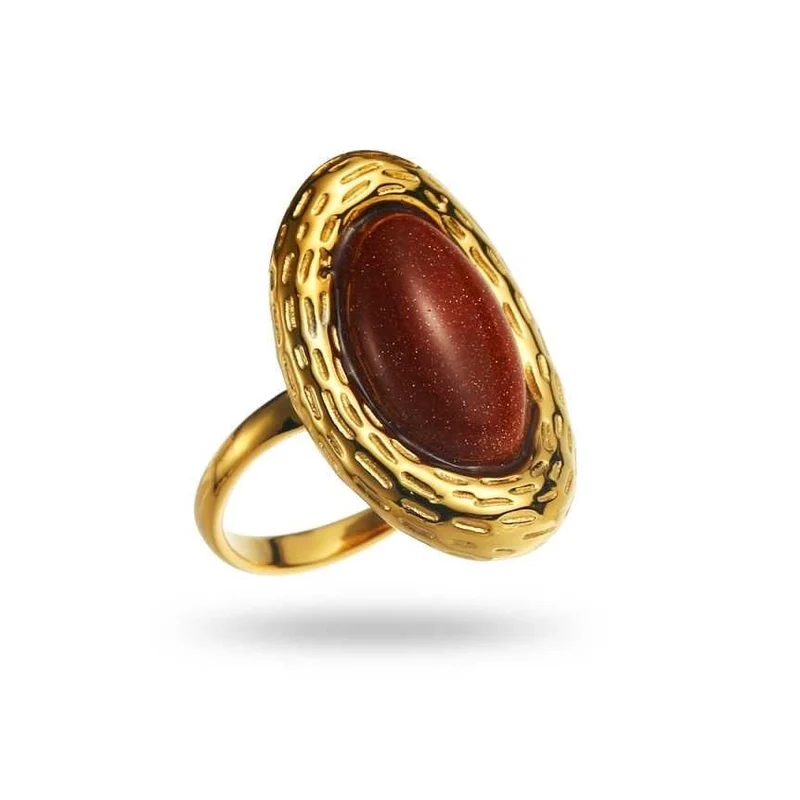 Bague dorée ovale en acier inoxydable avec pierre Sandstone