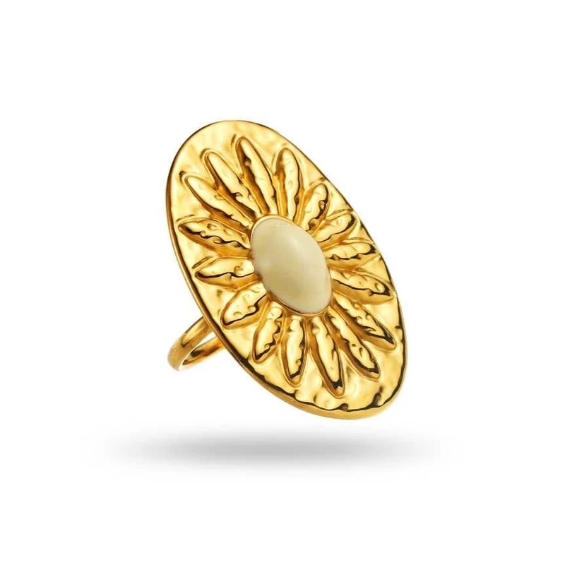 Bague soleil ovale dorée avec centre blanc – acier inoxydable