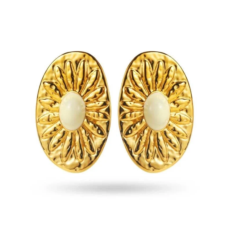 Boucles d’oreilles soleil ovales dorées avec centre blanc – acier inoxydable