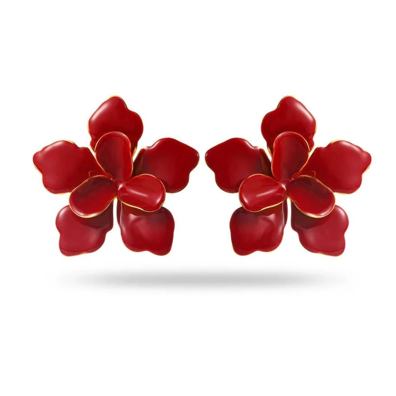 Boucles d’oreilles fleur rouge en acier inoxydable doré