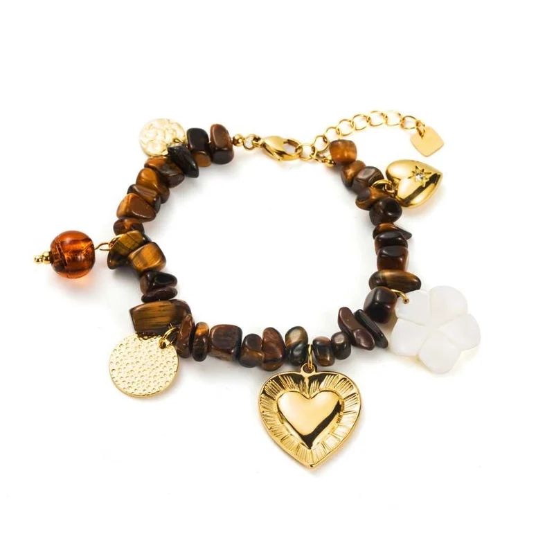 Bracelet pierres marron et acier inoxydable breloques dorées et fleur blanche
