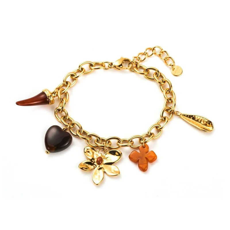 Bracelet dorés en acier inoxydable breloques fleur, cœur et piment en résine