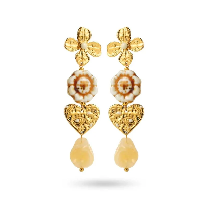 Boucles d’oreilles fleur et cœur doré en acier inoxydable avec marguerite en résine
