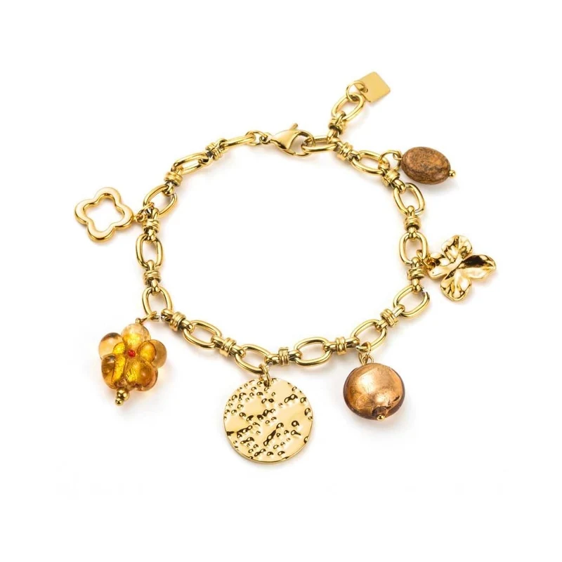 Bracelet doré maillons acier inoxydable avec breloques fleur, médaillons et résine