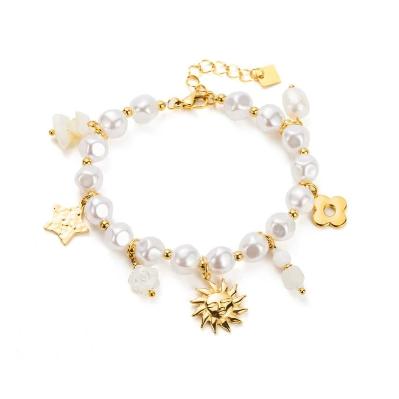 Bracelet doré et blanc en acier inoxydable avec perles et breloques
