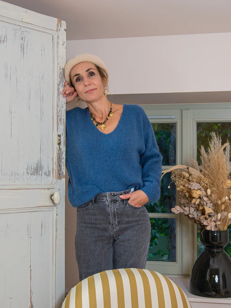 Pull bleu jeans en maille col V NADEGE