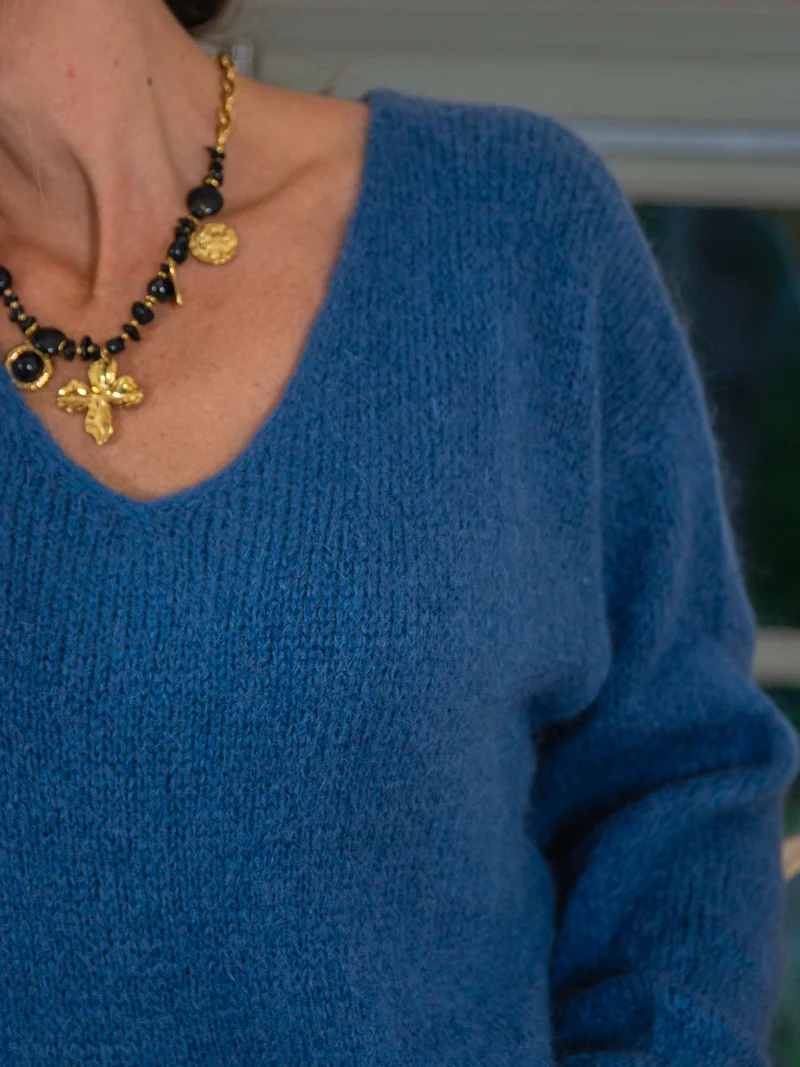 Pull bleu jeans en maille col V NADEGE