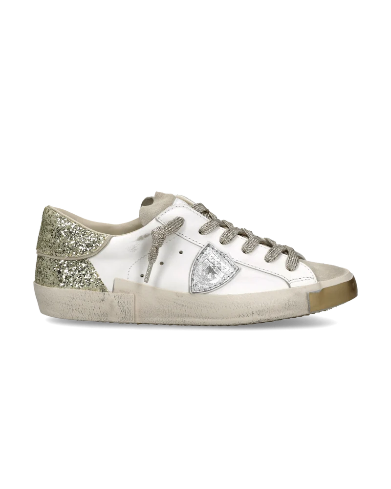 Sneakers Prsx Women with Glitter heel tab, White Gold