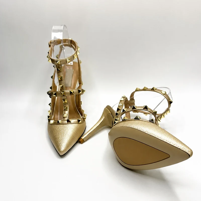 Gold Studded Sandal with Heel and Straps