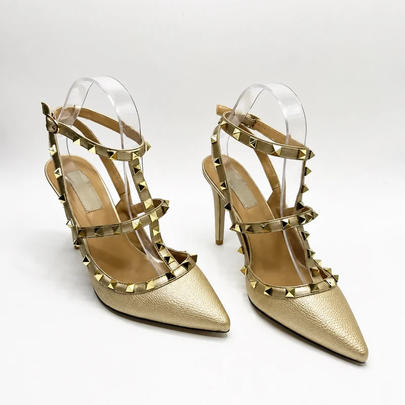 Gold Studded Sandal with Heel and Straps