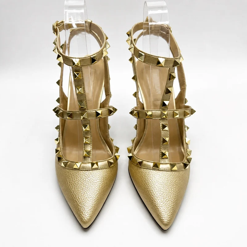 Gold Studded Sandal with Heel and Straps