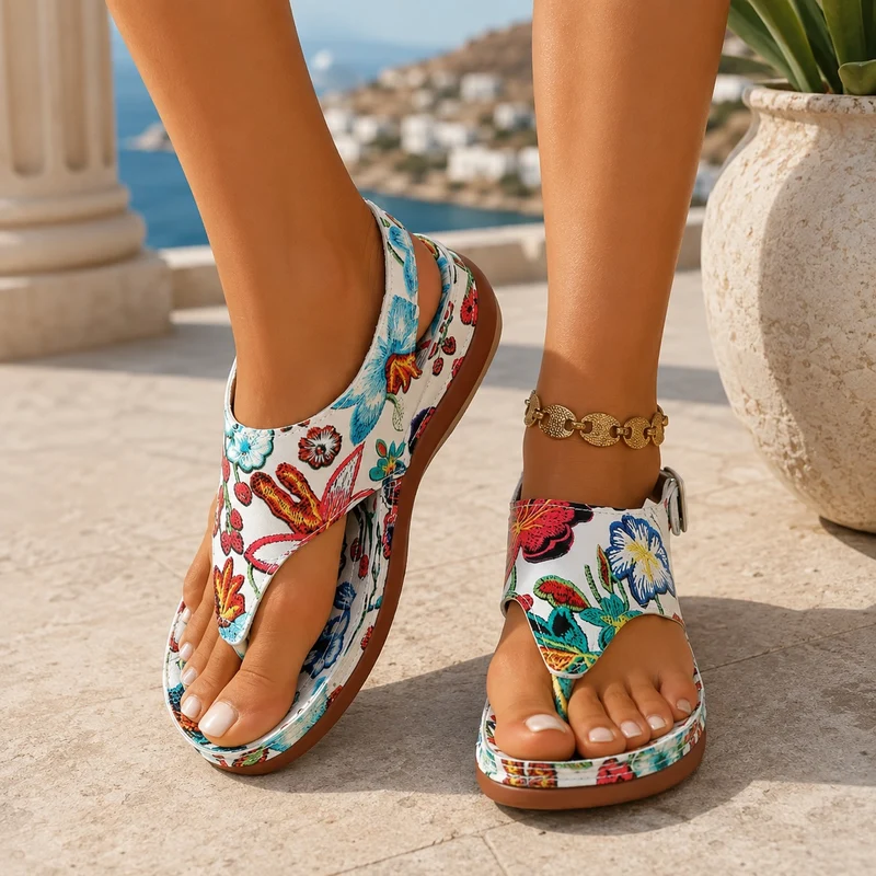 Women's Comfortable Thong Style Sandal with Floral Pattern