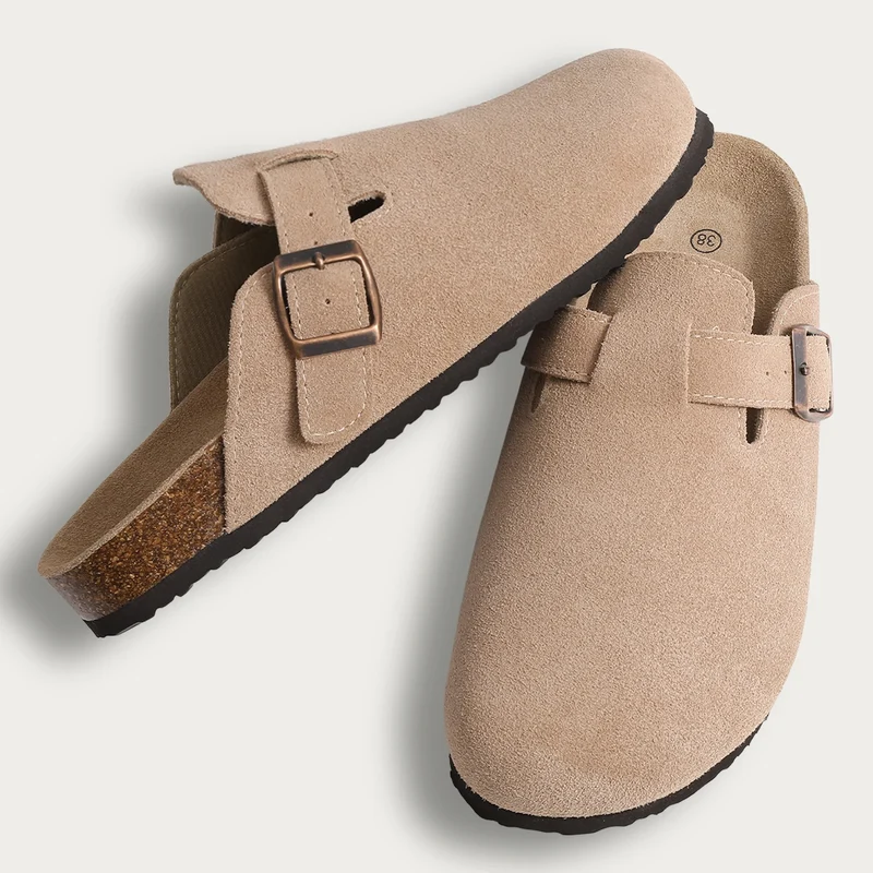 Women's Suede Effect Clog Sandal with Side Buckle