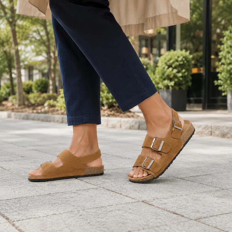 Women's Flat Sandal in Regenerated Leather with Straps