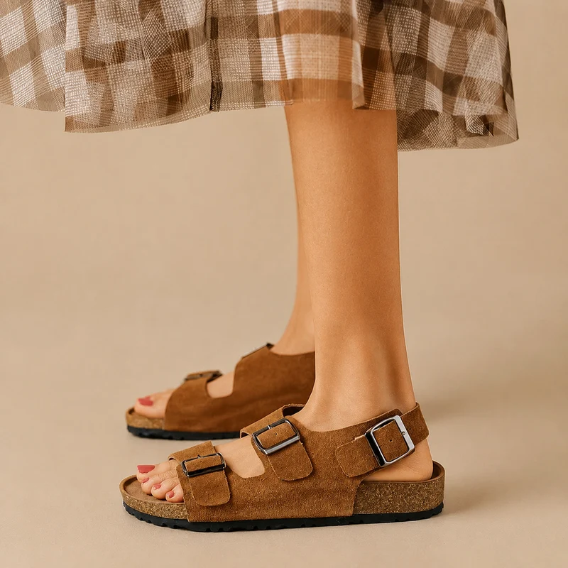 Women's Flat Sandal in Regenerated Leather with Straps