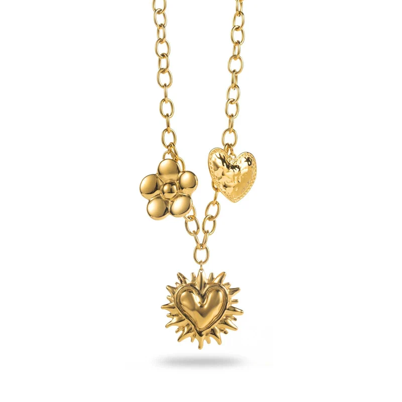Collier doré en maille acier inoxydable à 3 breloques cœur, marguerite et fleur
