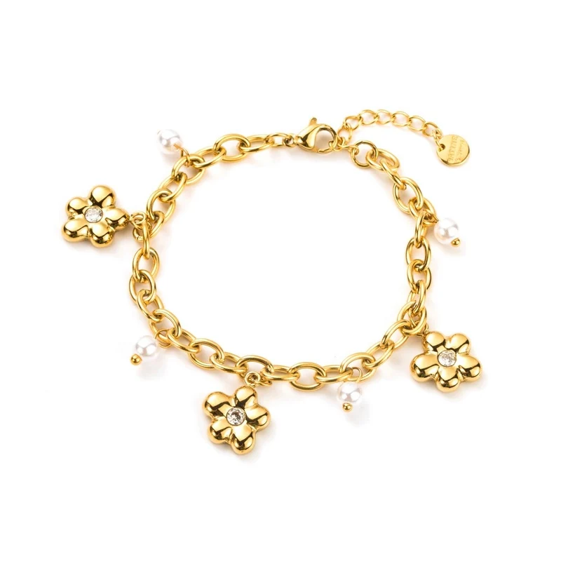 Bracelet maille doré avec mini fleurs à strass et perles blanches – Acier inoxydable
