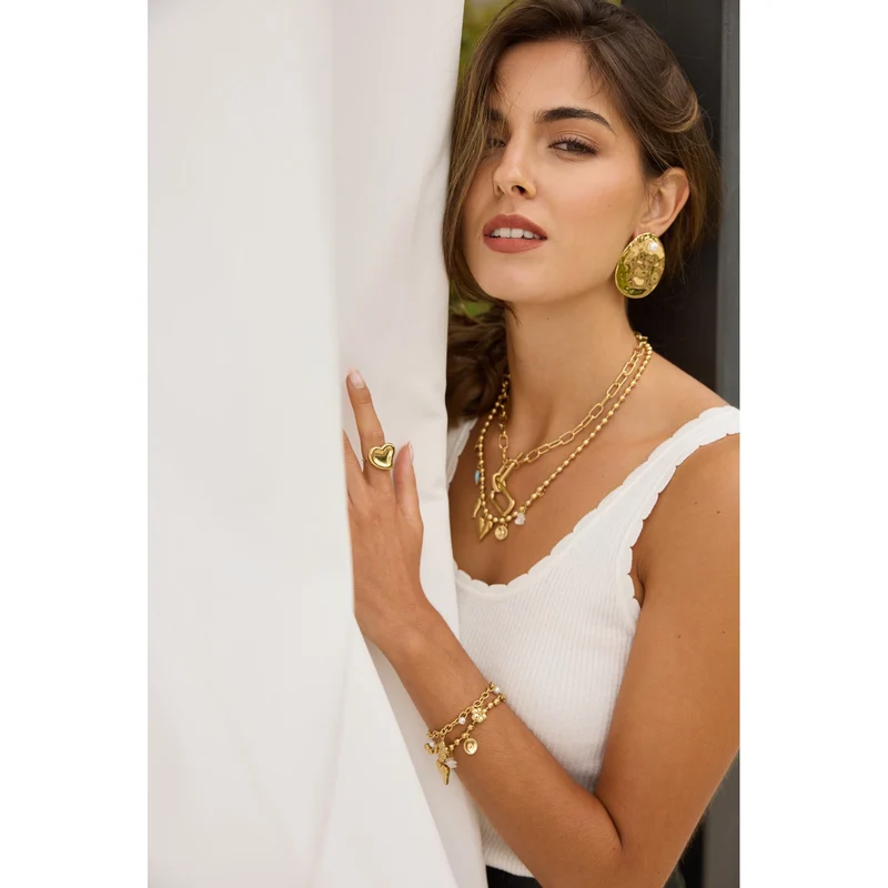 Bracelet maille doré avec mini fleurs à strass et perles blanches – Acier inoxydable