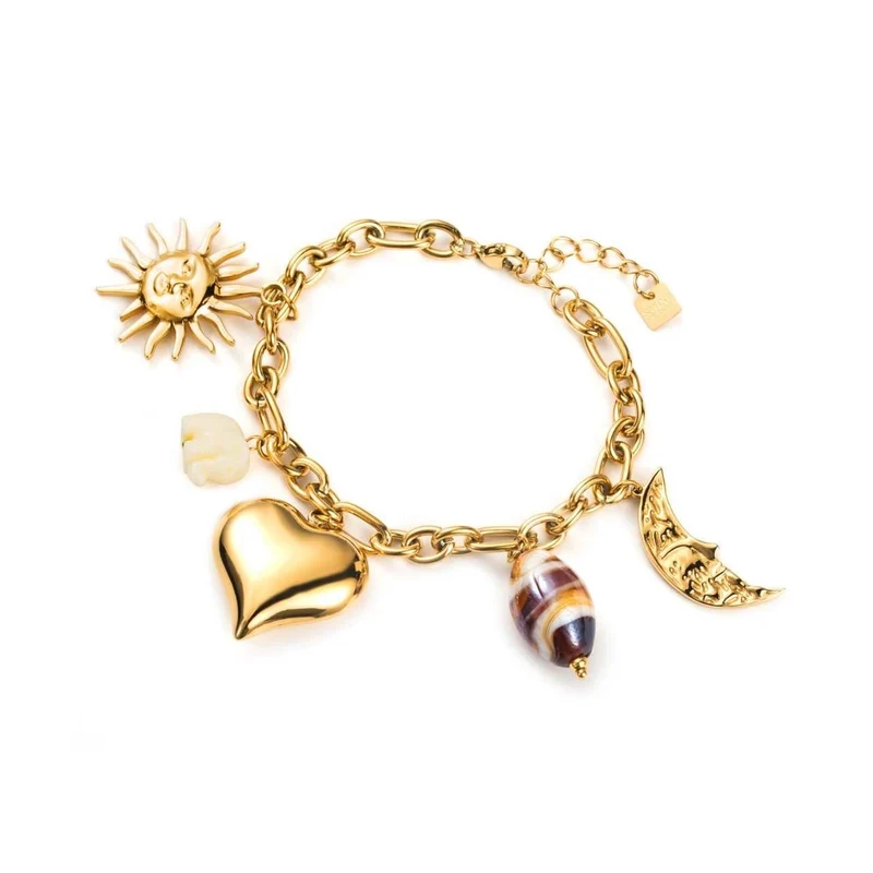 Bracelet chaîne doré en acier inoxydable avec breloques soleil, cœur, lune et perle marron