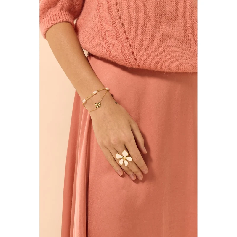Bague fleur blanche à cinq pétales dorée – acier inoxydable