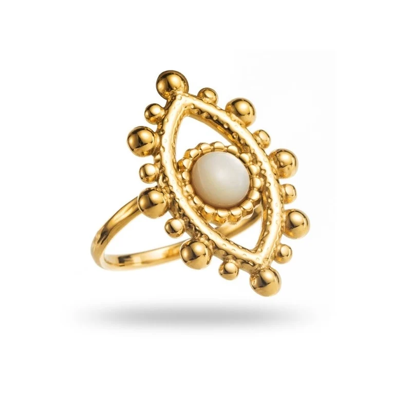 Bague oeil Perlé Doré avec Pierre Blanche – Acier Inoxydable