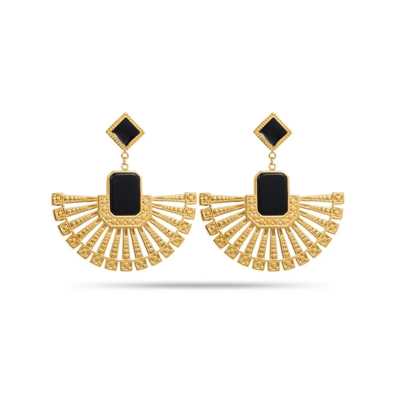Boucles d’oreilles éventail doré avec pierres noires – acier inoxydable