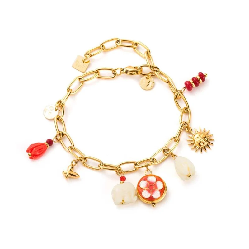 Bracelet doré en acier inoxydable – Breloques fleurs blanches, marguerite et soleil