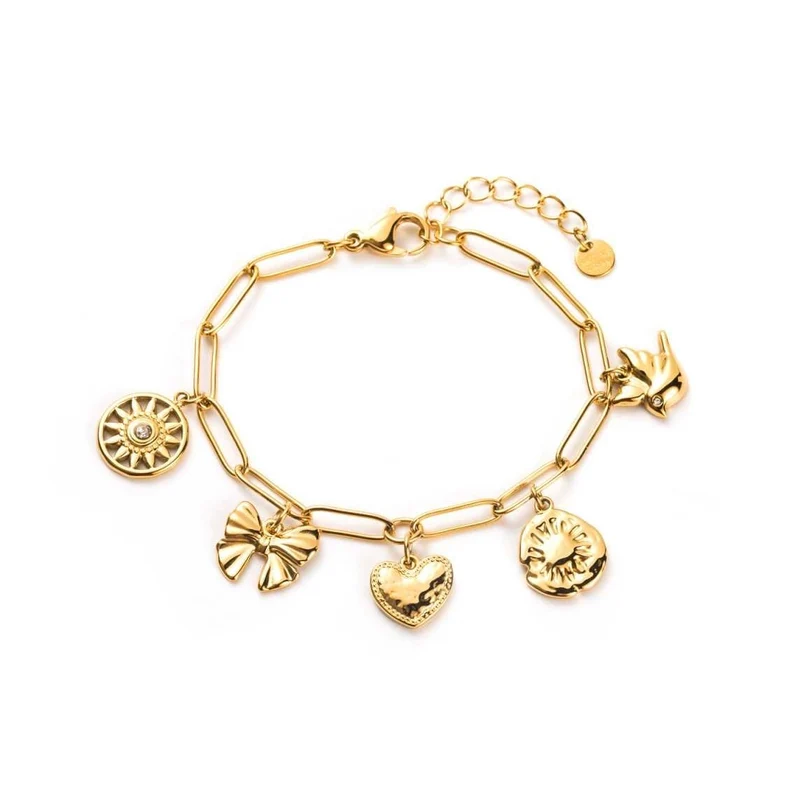Bracelet doré en acier inoxydable – Breloques soleil, nœud, cœur et oiseau