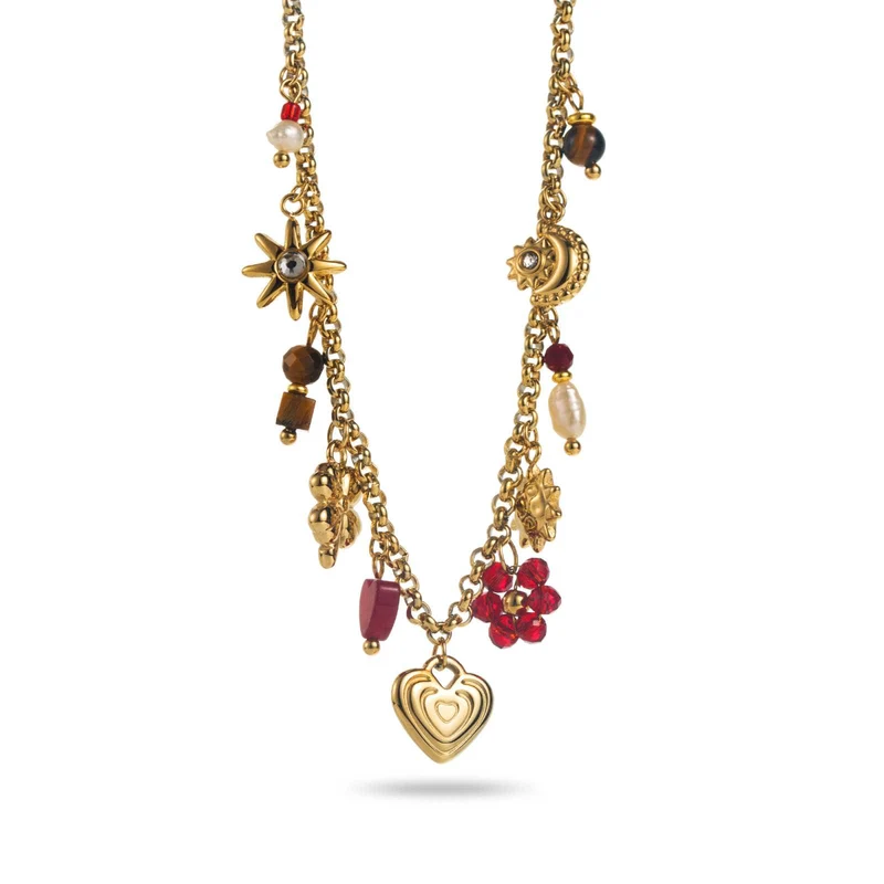 Collier doré à maillons fins avec breloques bordeaux et chocolat en acier inoxydable