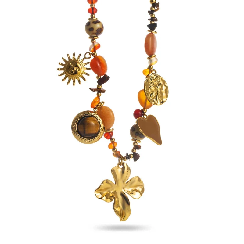 Collier doré et chocolat en acier inoxydable – Breloques cœur, soleil et fleur