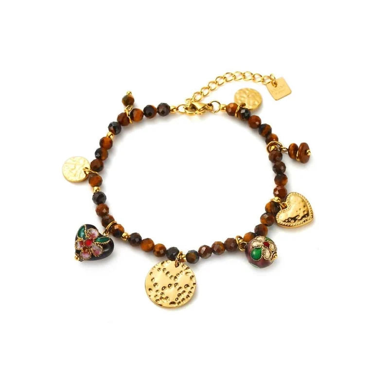 Bracelet perles marron & doré en acier inoxydable – Breloques cœur et médaillons martelés