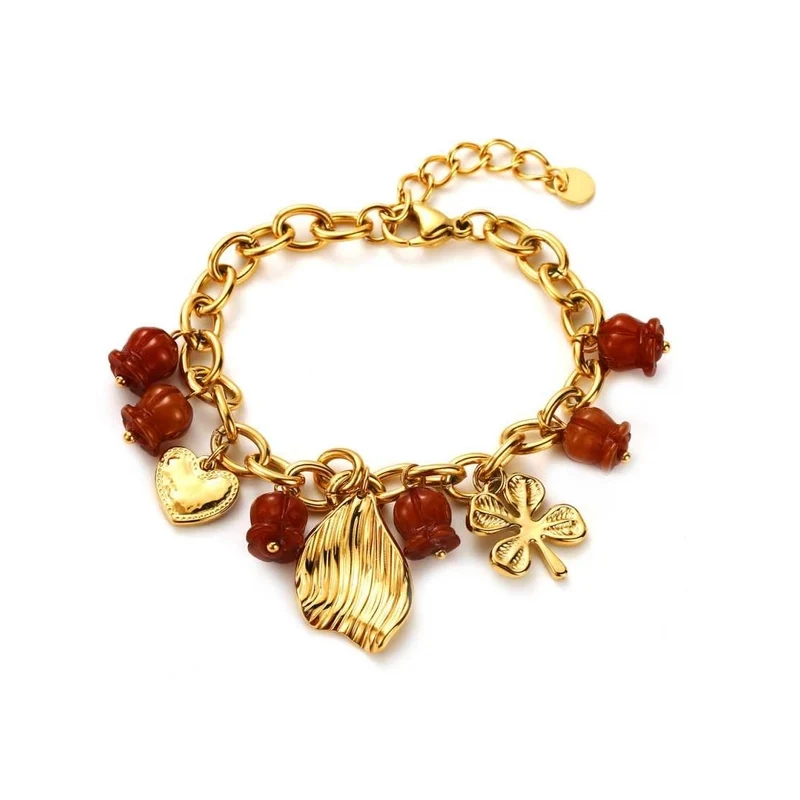 Bracelet doré et marron à breloques cœur, coquillage et trèfle – Acier inoxydable