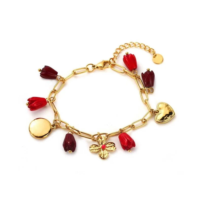 Bracelet doré et rouge bordeaux à breloques soleil, cœur et fleurs – Acier inoxydable