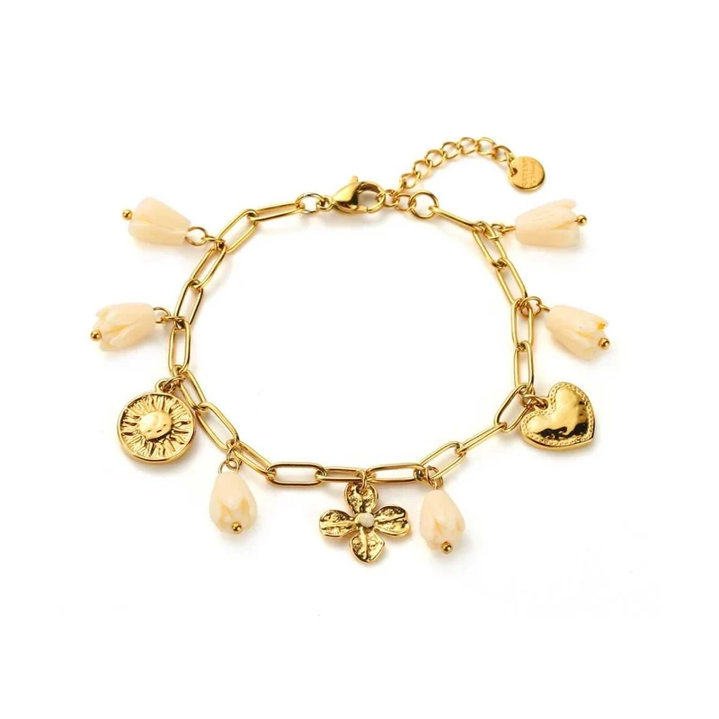 Bracelet doré et blanc à breloques soleil, cœur et fleurs – Acier inoxydable