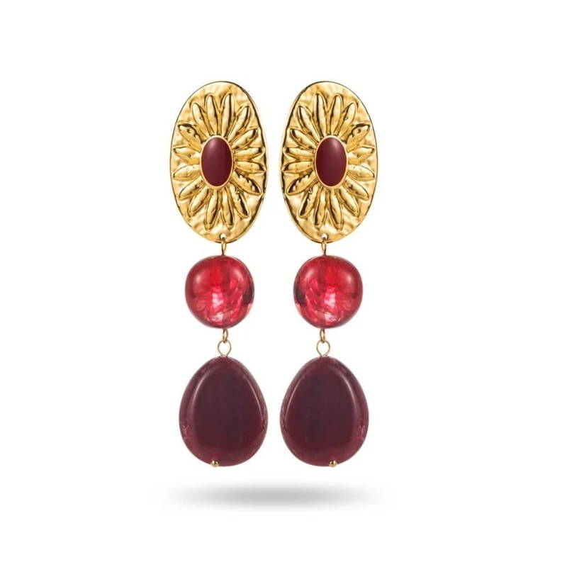 Boucles d’oreilles dorées soleil et perles bordeaux – Bijou acier inoxydable