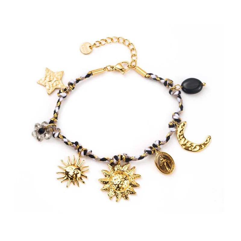 Bracelet pampille fil doré noir et blanc en acier inoxydable – Breloques soleil, lune et étoile