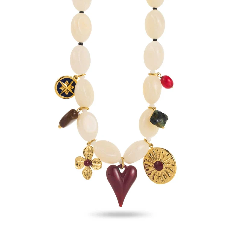 Collier pierres blanches et doré en acier inoxydable – Breloques cœur, trèfle et médaillon