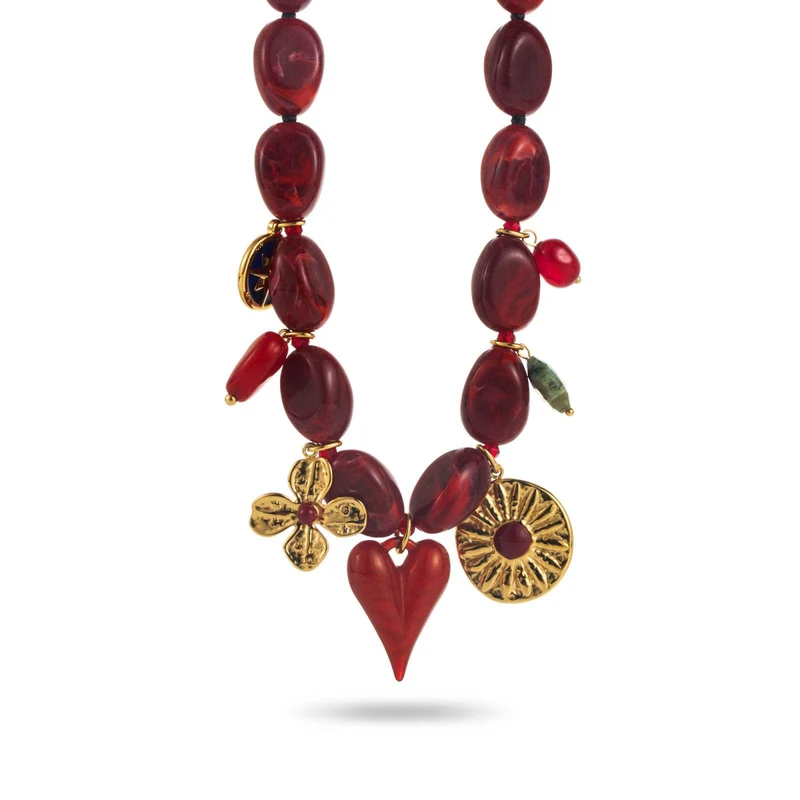 Collier pierres rouges et dorés en acier inoxydable – Breloques cœur, trèfle et médaillon