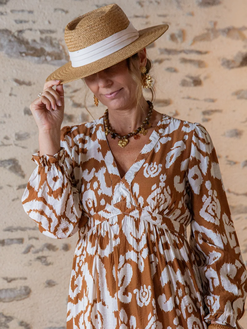 Robe longue camel imprimé ethnique AMAYA In April 1986