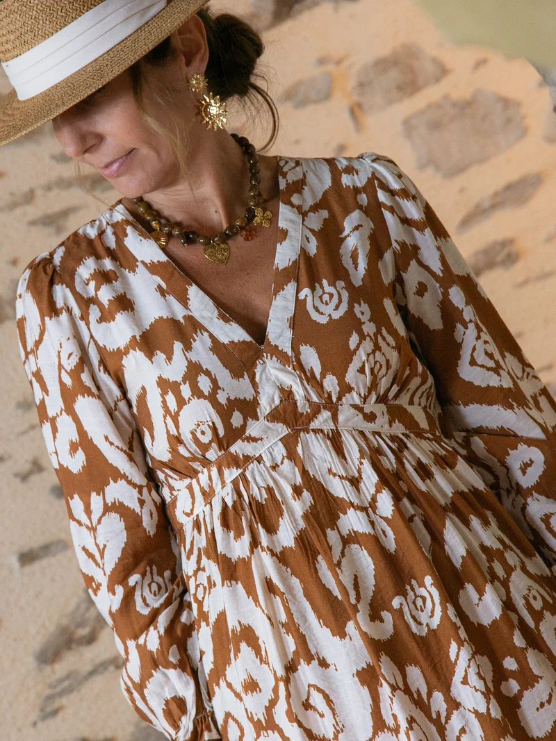 Robe longue camel imprimé ethnique AMAYA In April 1986