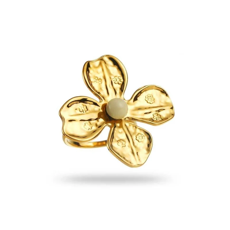 Bague fleur 4 pétales dorée avec perle blanche - acier inoxydable réglable